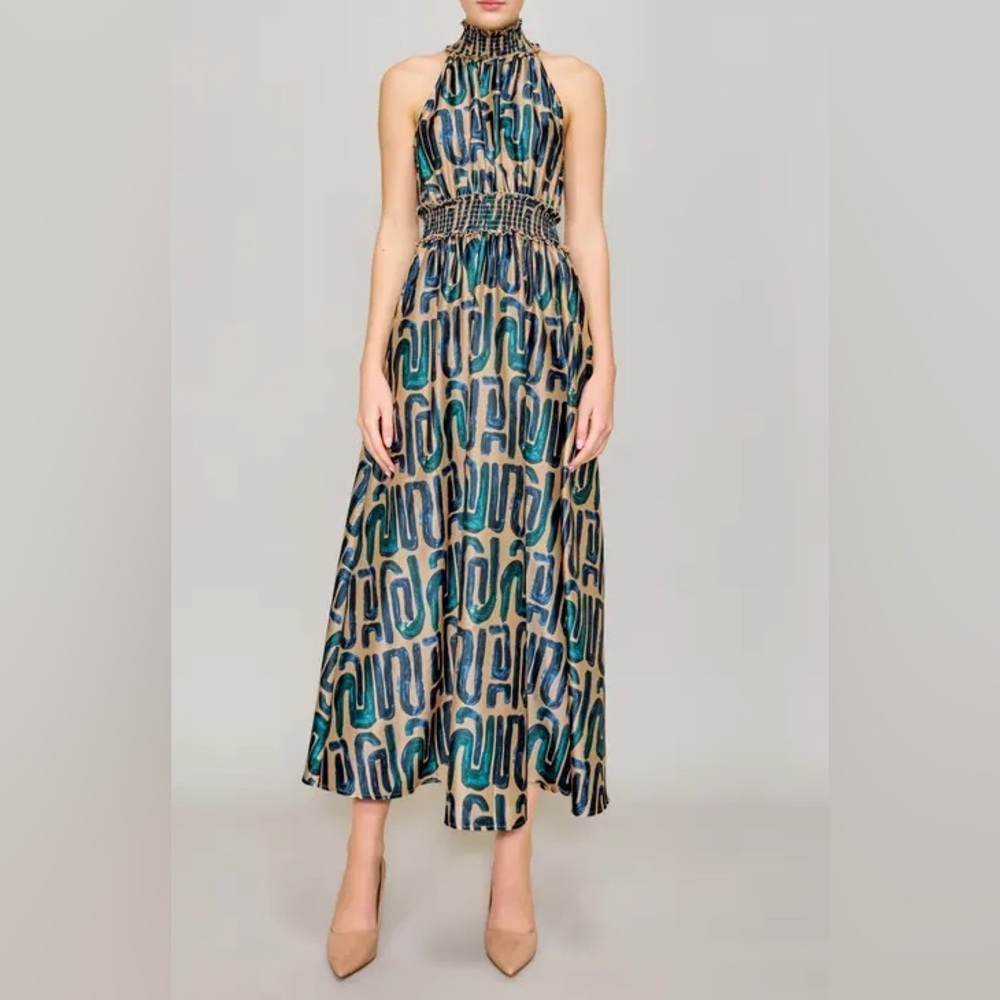 NWT MELLODAY Abstract Print Dress in Blue and Taupe